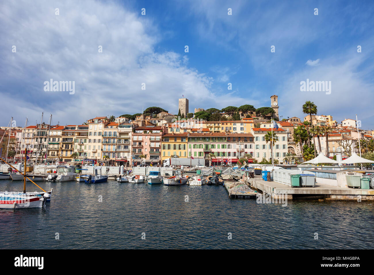 Cannes city skyline on French Riviera in France, Le Suquet old town from Le Vieux port Stock Photo