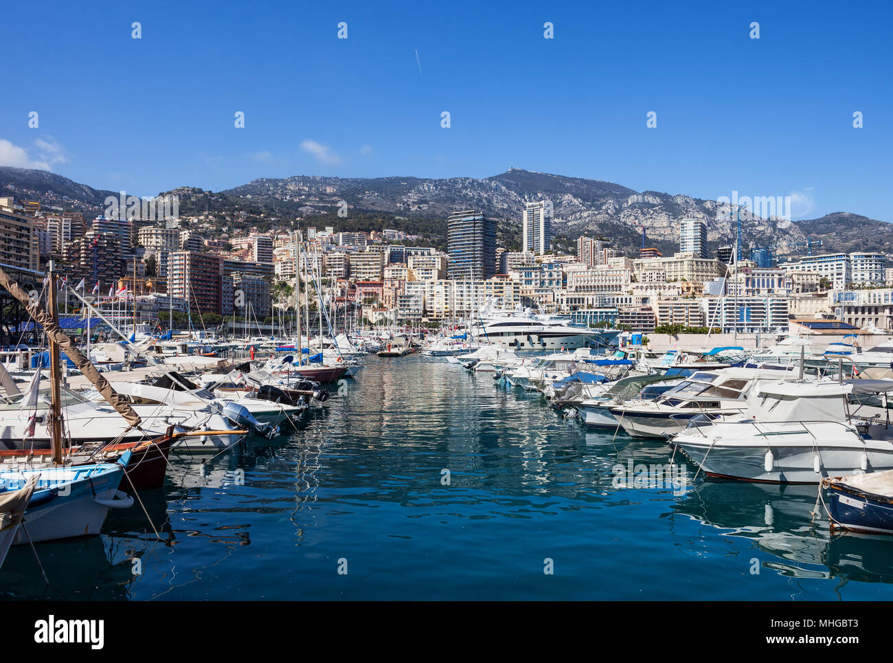 Monaco principality Monte Carlo cityscape, yachts and boats at Port Hercule, Europe Stock Photo