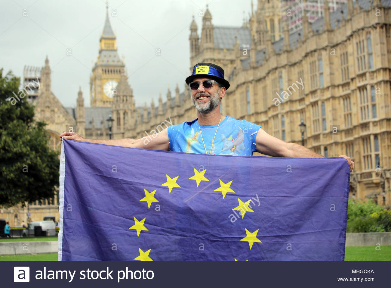 An anti-Brexit protester poses for photographers  during his protest at Westminster. Stock Photo