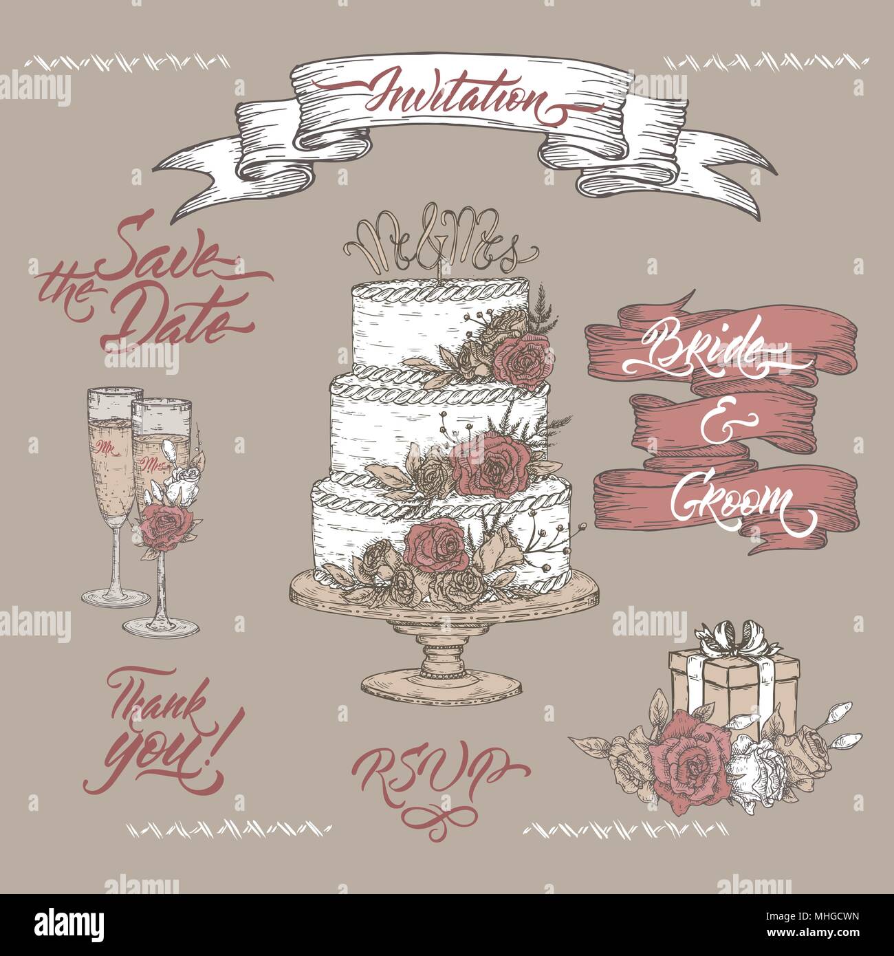 Set Of Vintage Color Wedding Sketches And Brush Calligraphy