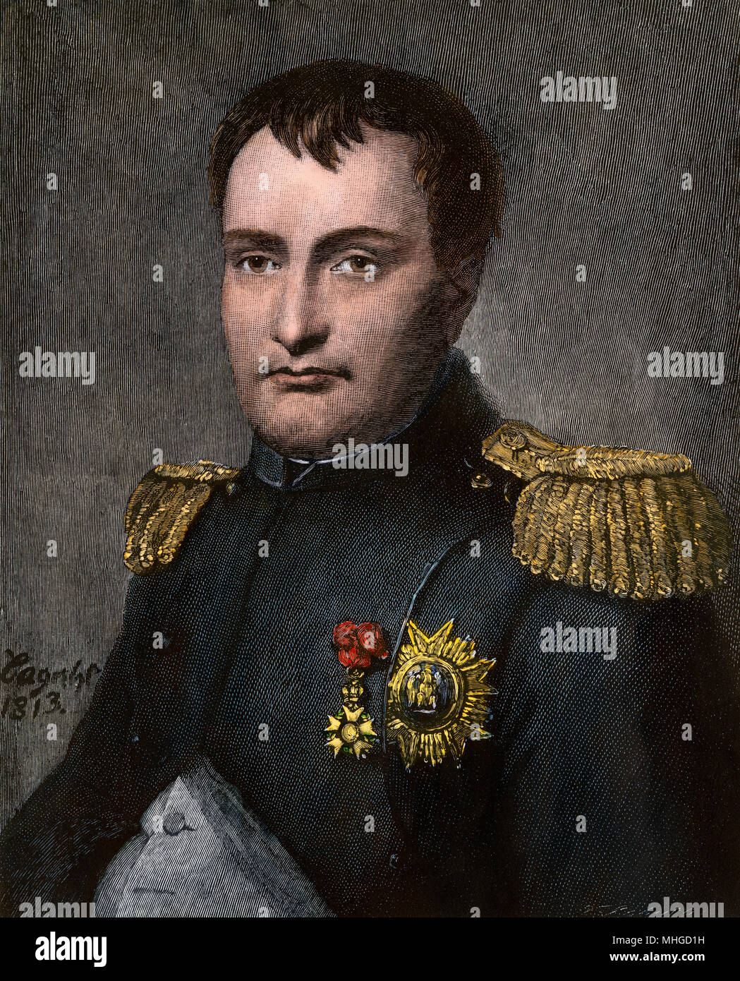 Emperor Napoleon Bonaparte in 1813. Hand-colored engraving Stock Photo