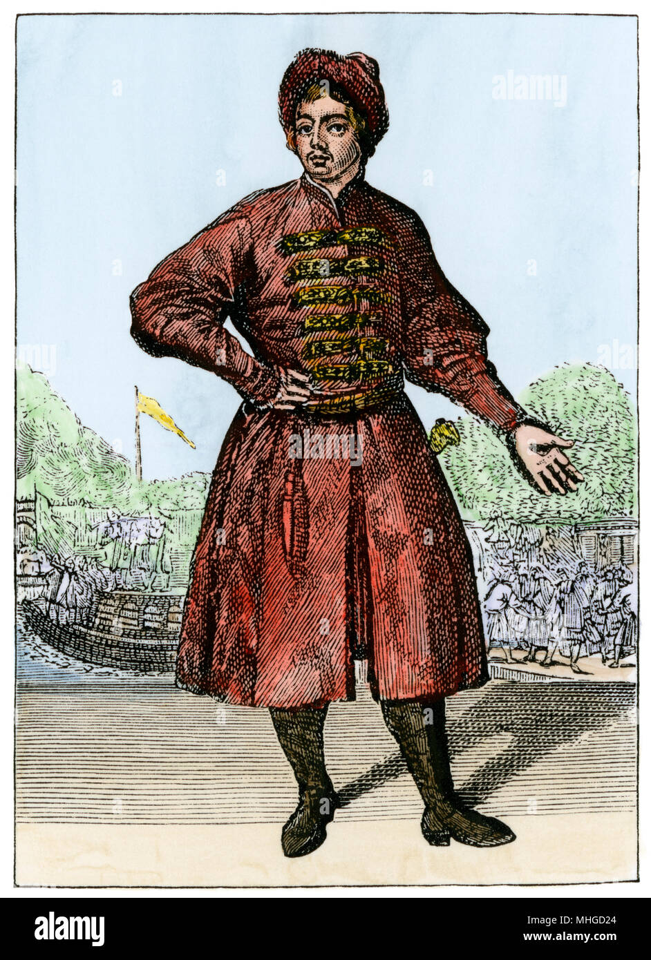 Tsar Peter I in the attire he wore at Azov. Hand-colored woodcut Stock Photo