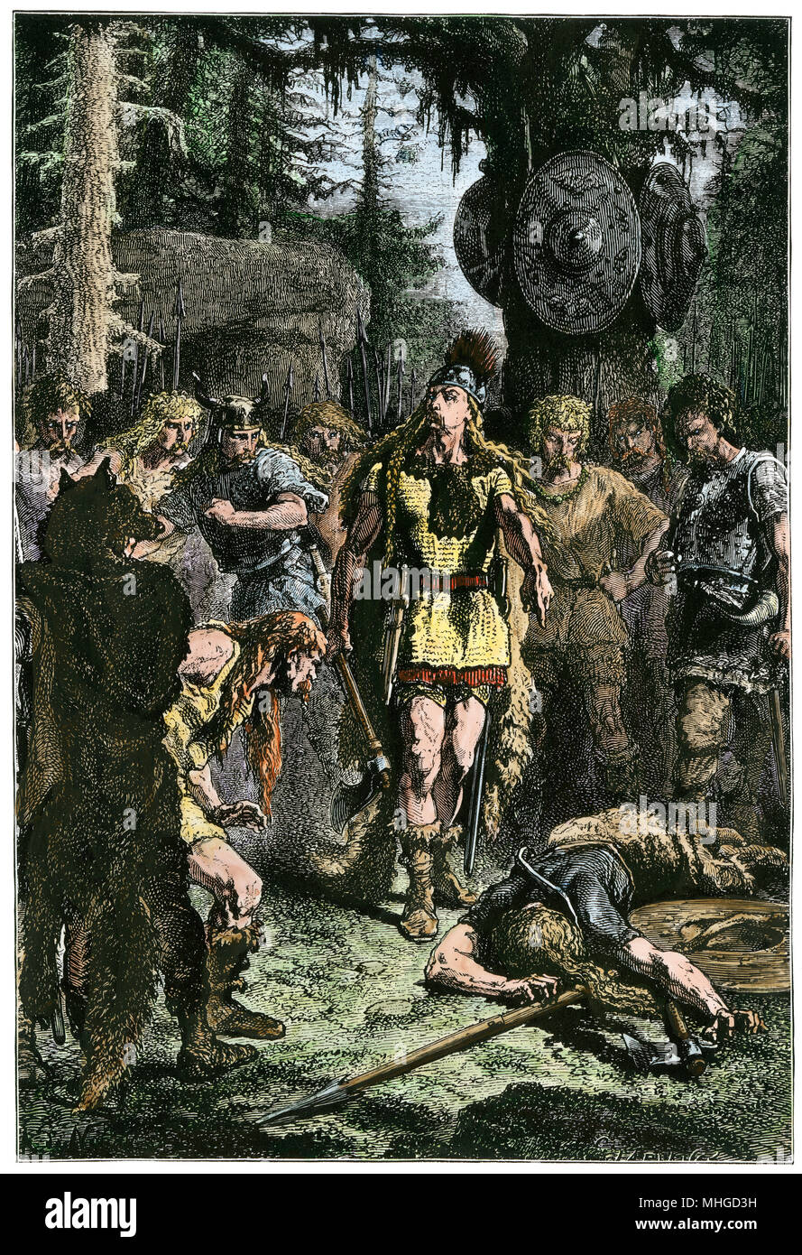 Clovis, King of the Franks, punishing an offender. Hand-colored woodcut Stock Photo
