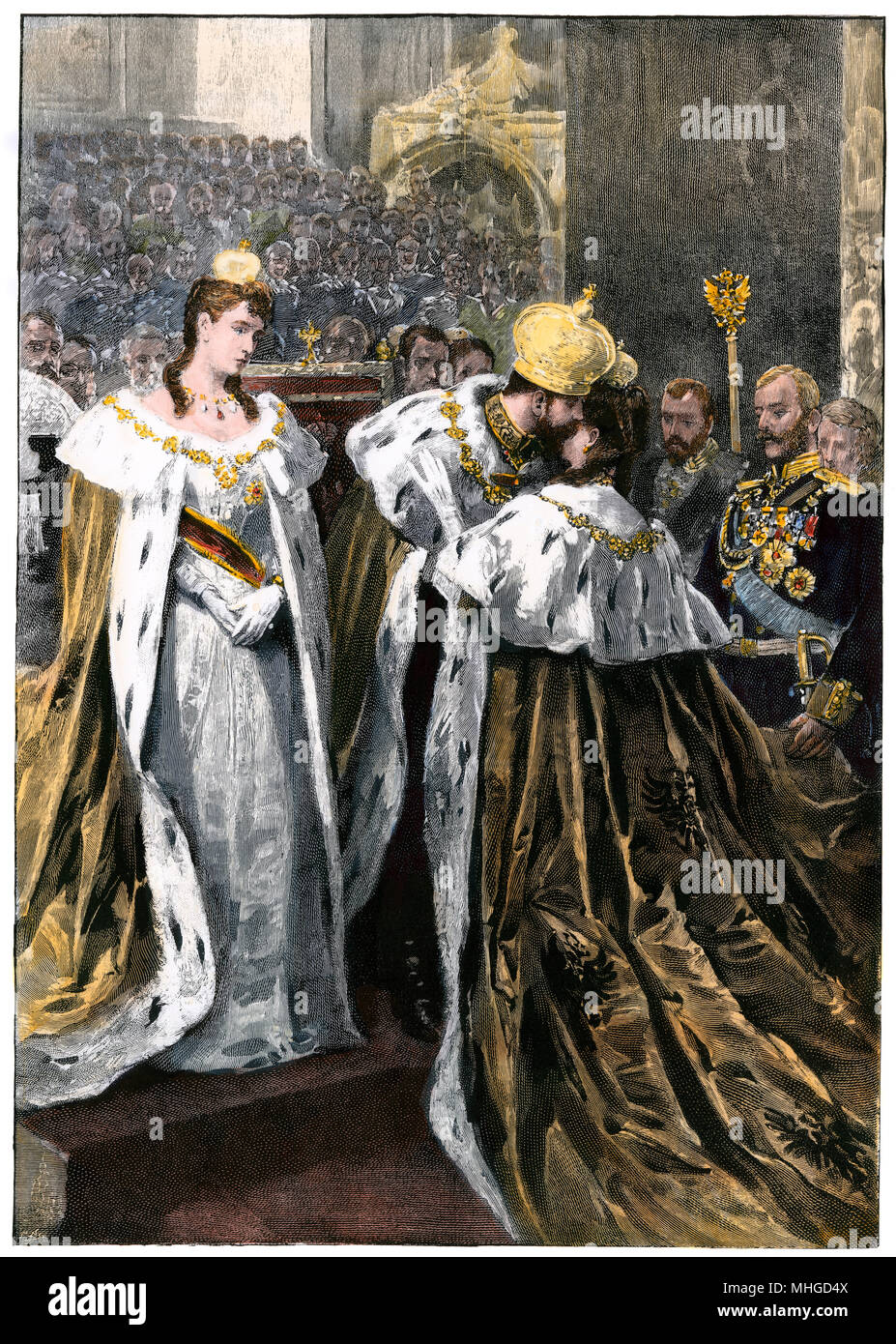 Coronation of Nicholas II, the new czar kissing his mother, 1896. Hand-colored woodcut Stock Photo