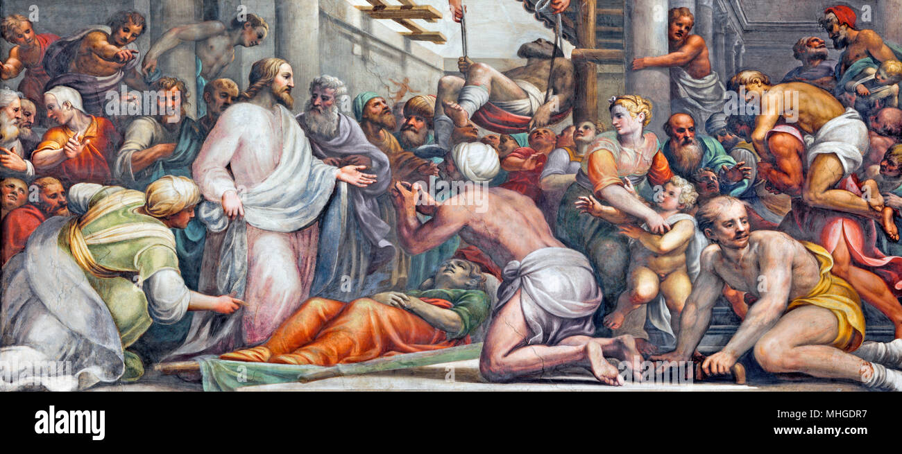 PARMA, ITALY - APRIL 16, 2018: The fresco Jesus at the healing  in Duomo by Lattanzio Gambara (1567 - 1573). Stock Photo