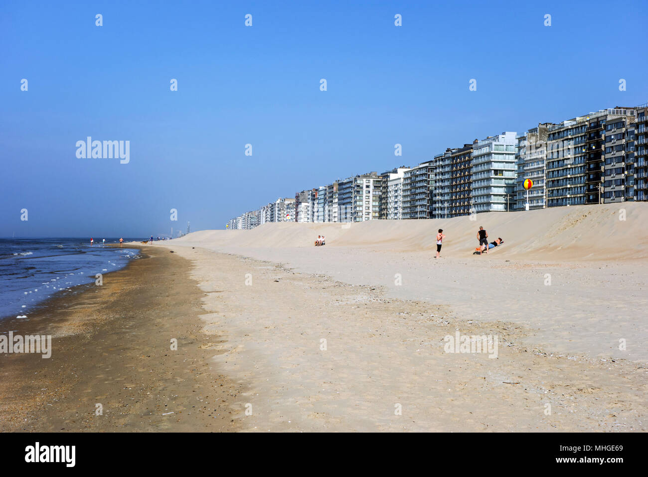 Beach nourishment project and flats / apartment blocks at seaside resort Middelkerke, West Flanders, Belgium Stock Photo