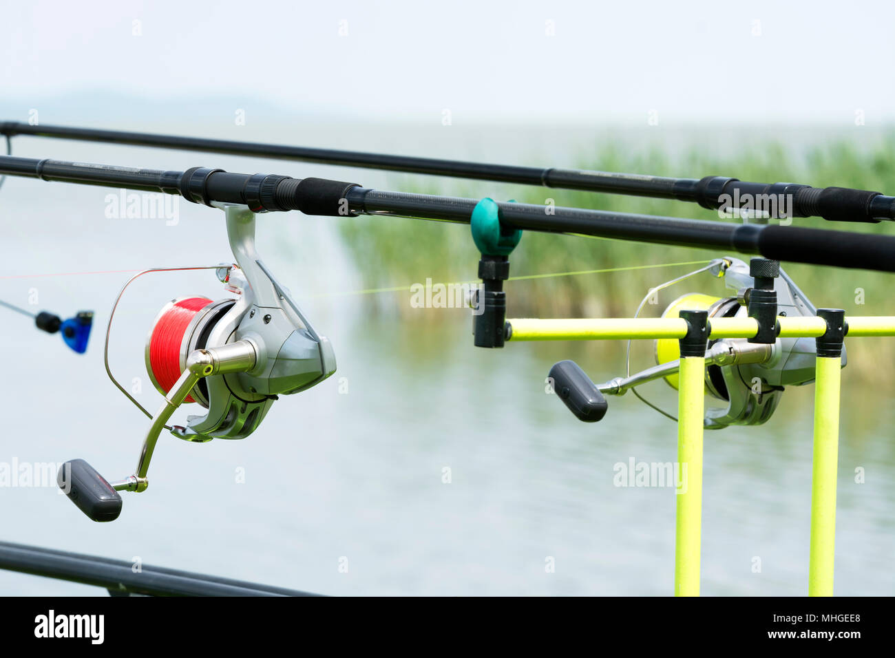 Angler rods at Lake Balaton, Hungary Stock Photo