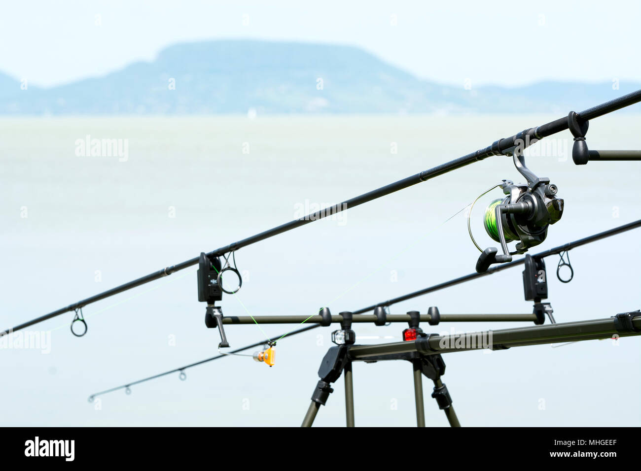 Angler rods at Lake Balaton, Hungary Stock Photo