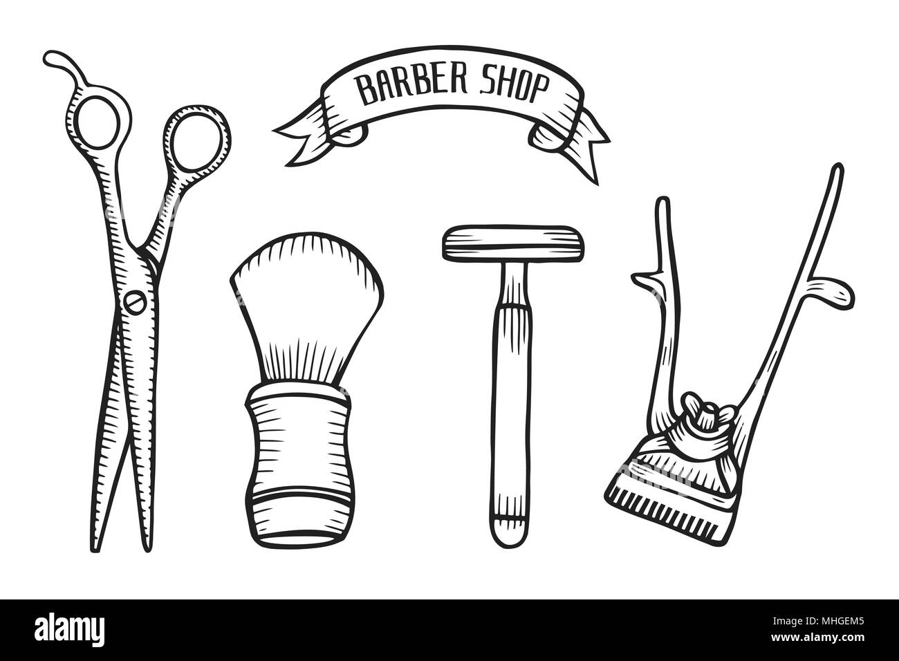 Barber shop set vector. Hand drawn vector illustration isolated on white in old vintage engraving style. Stock Vector