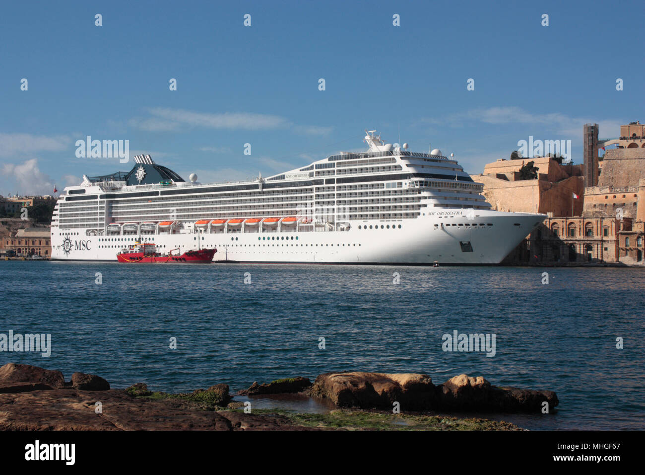 The cruise ship or liner MSC Orchestra in Malta's Grand Harbour