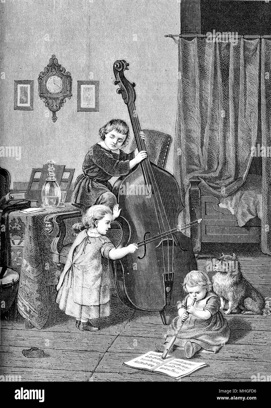 Family trio, young musicians with cello and flute: the toddlers make music at home Stock Photo