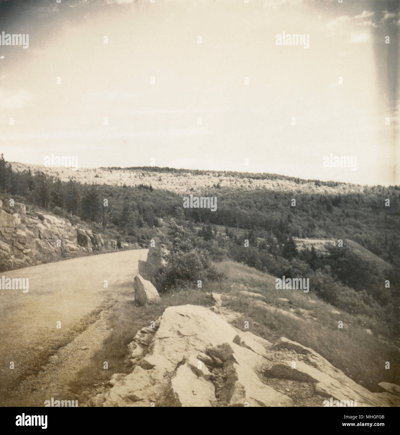 Antique summer 1939 photograph, on the road to Cadillac Mountain, Maine. SOURCE: ORIGINAL PHOTOGRAPHIC PRINT Stock Photo