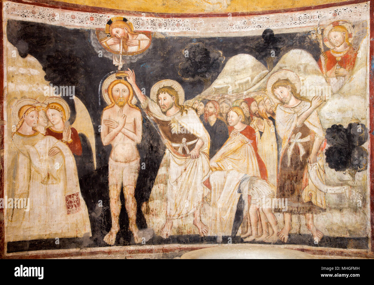 PARMA, ITALY - APRIL 16, 2018: The fresco of Baptism of Jesus in Baptistery from 14. cent. Stock Photo