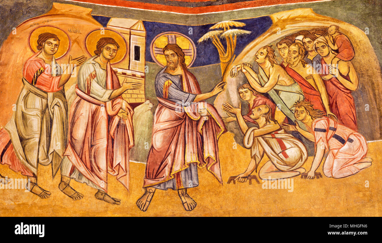 PARMA, ITALY - APRIL 16, 2018: The fresco Jesus healing the ten lepers in byzantine iconic style in Baptistery probably by  Grisopolo from 13. cent. Stock Photo