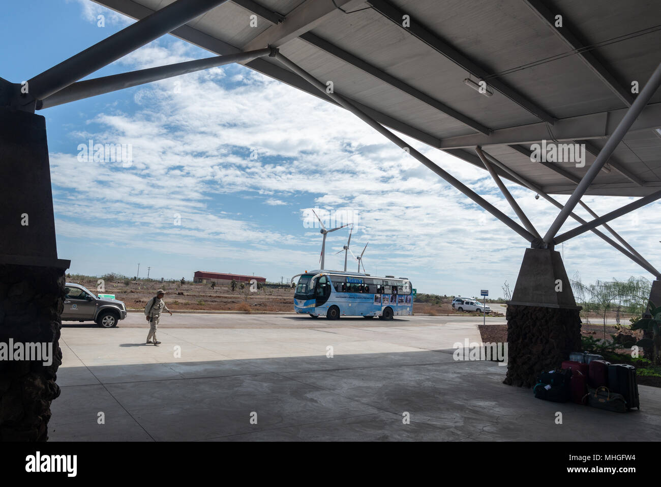 Entrance to the Seymour Airport terminal on Baltra Island, Galapagos Islands, Ecuador.  The airport is LEED Gold certified. Stock Photo