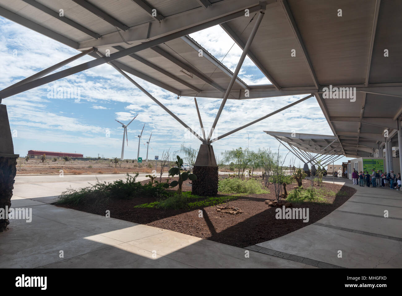 Entrance to the Seymour Airport terminal on Baltra Island, Galapagos Islands, Ecuador.  The airport is LEED Gold certified. Stock Photo