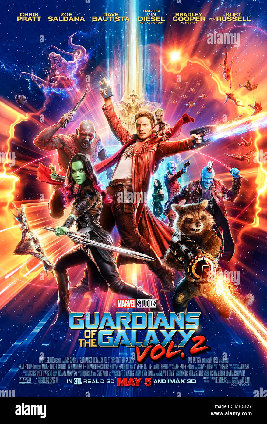 Guardians of the Galaxy: Vol. 2 (2017) directed by James Gunn and starring Chris Pratt, Vin Diesel, Bradley Cooper, Zoe Saldana and Dave Bautista. The heroes return and help Star Lord with some parental issues. Stock Photo