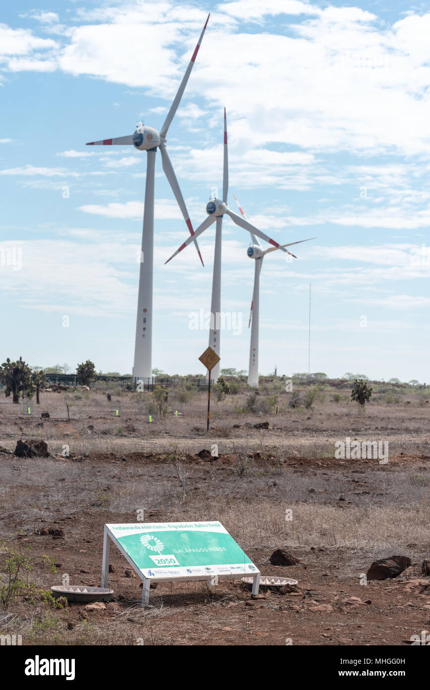 Wind turbines outside Seymour Airport on Baltra Island, Galapagos Islands, Ecuador.  The airport is LEED Gold certified. Stock Photo