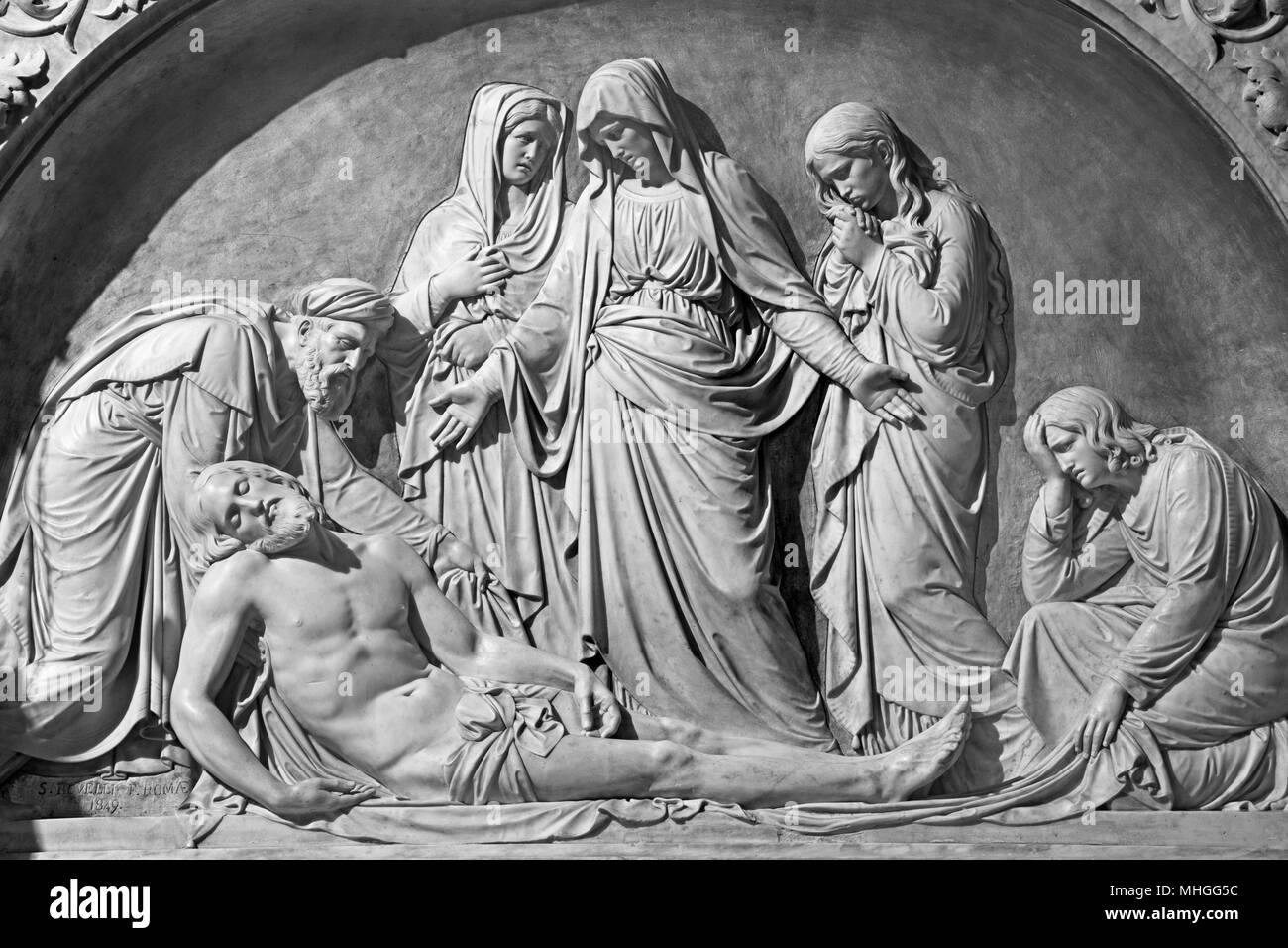 TURIN, ITALY - MARCH 16, 2017: The the relief of Deposition of the cross (Pieta) in church Chiesa di San Massimo  by Salvatore Revelli (1816 - 1859). Stock Photo