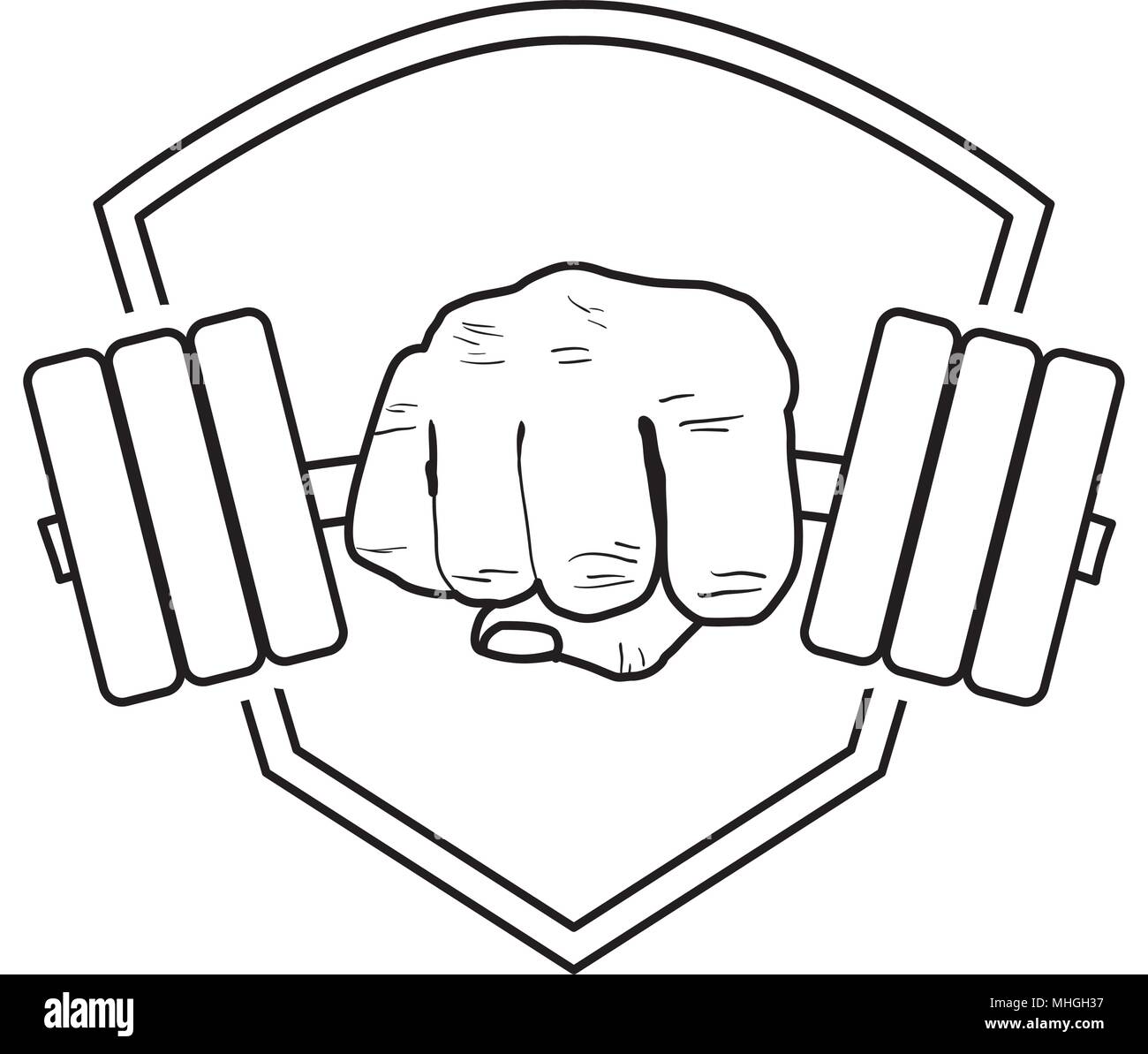 line hand with weight object lifestyle and emblem Stock Vector