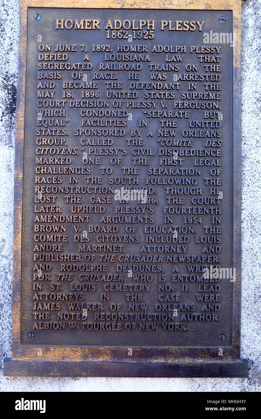 Marker on Grave of Homer Plessy (involved in Plessy v Ferguson case) in Saint Louis Cemetery #1 in New Orleans, Louisiana Stock Photo