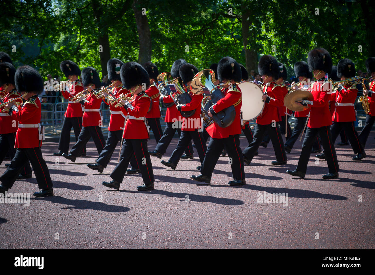LONDON - JUNE 17, 2017: Military band marches in formation down The Mall in a royal Trooping the Colour ceremony in honour of the Queen's Birthday. Stock Photo