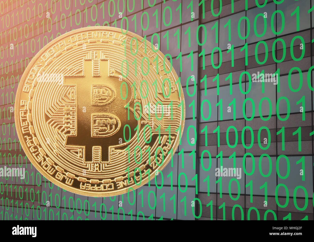 Gold bitcoin on digital binary number background in concept of  cryptocurrency idea for design in your work Stock Photo - Alamy