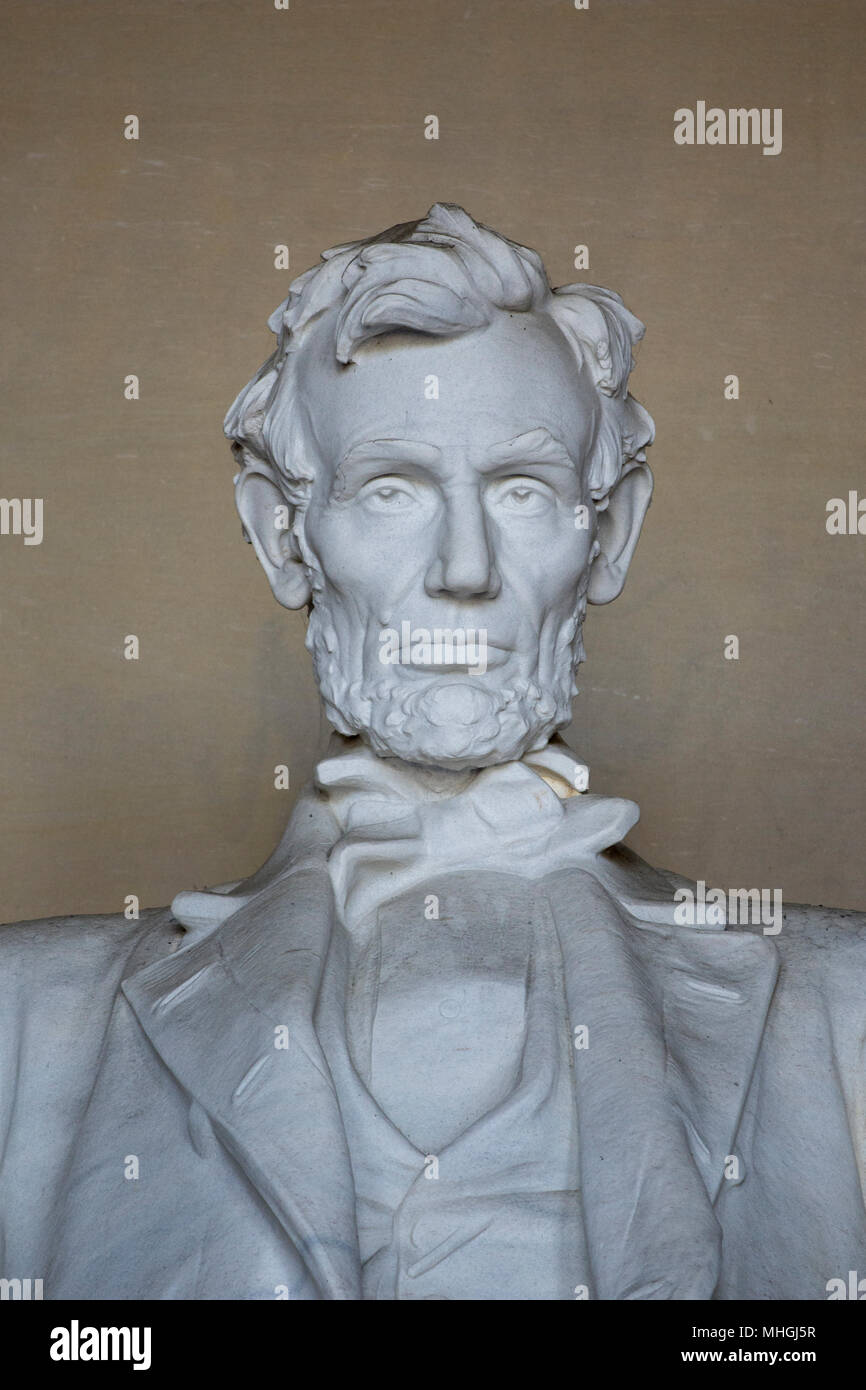 Vertical closeup view of the iconnic sculpture of Abraham Lincoln by sculptor Daniel Chester French, at the Lincoln Memorial in Washington, DC. Stock Photo