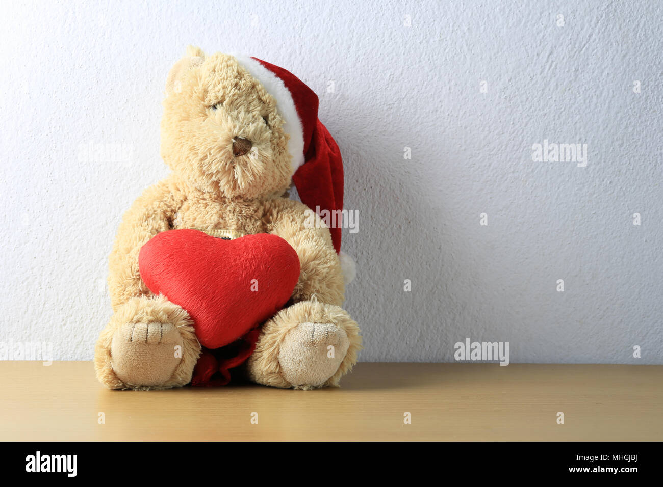 Teddy Bear With Red Heart Sit On A Wooden Floor On White Wall Background And Have Copy Space For Design Concept In Your Important Festival Work Stock Photo Alamy