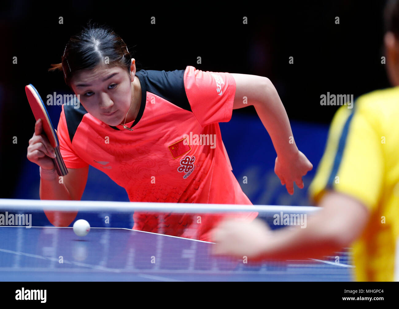 Halmstad, Sweden. 1st May, 2018. Chen Meng of China competes against Zhang  Wanling of Singapore during a game of the fourth round of Women's group  matches at 2018 World Team Table Tennis