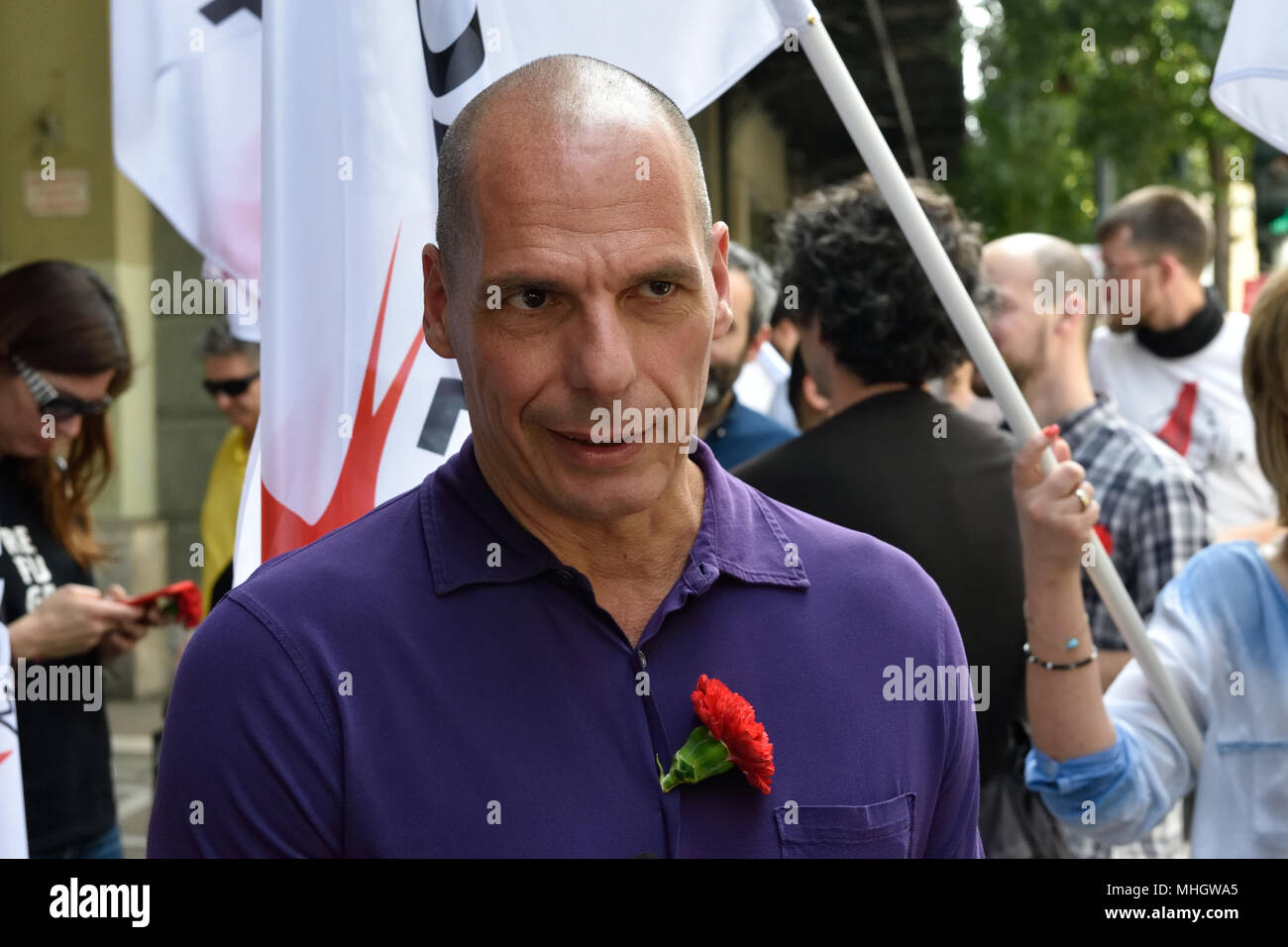 Athens, Greece. 1st May 2018. Former Greek Finance Minister Yanis Varoufakis takes part in a May Day rally in Athens, Greece. Credit: Nicolas Koutsokostas/Alamy Live News. Stock Photo