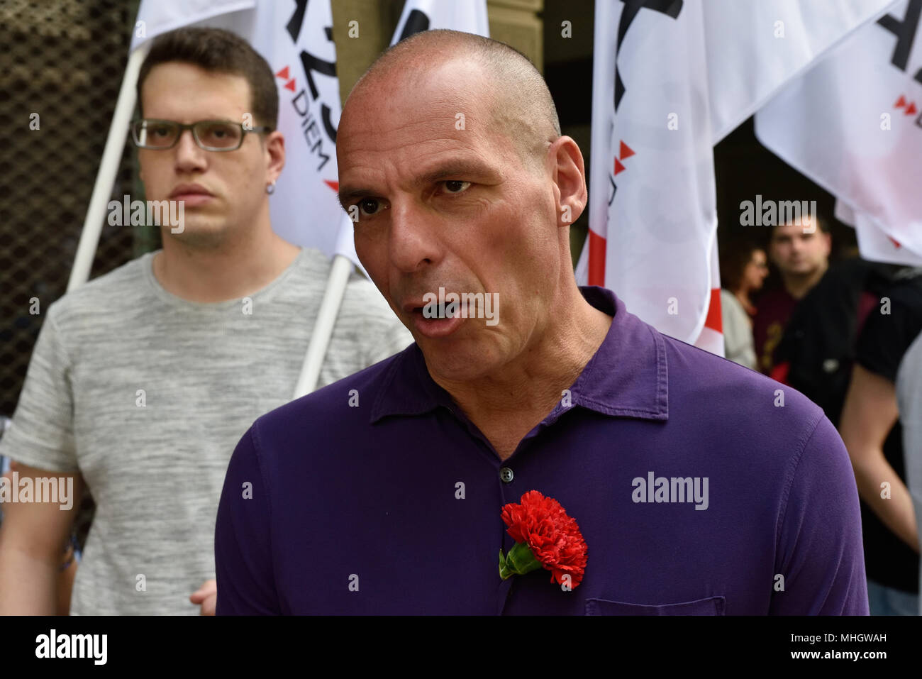 Athens, Greece. 1st May 2018. Former Greek Finance Minister Yanis Varoufakis takes part in a May Day rally in Athens, Greece. Credit: Nicolas Koutsokostas/Alamy Live News. Stock Photo