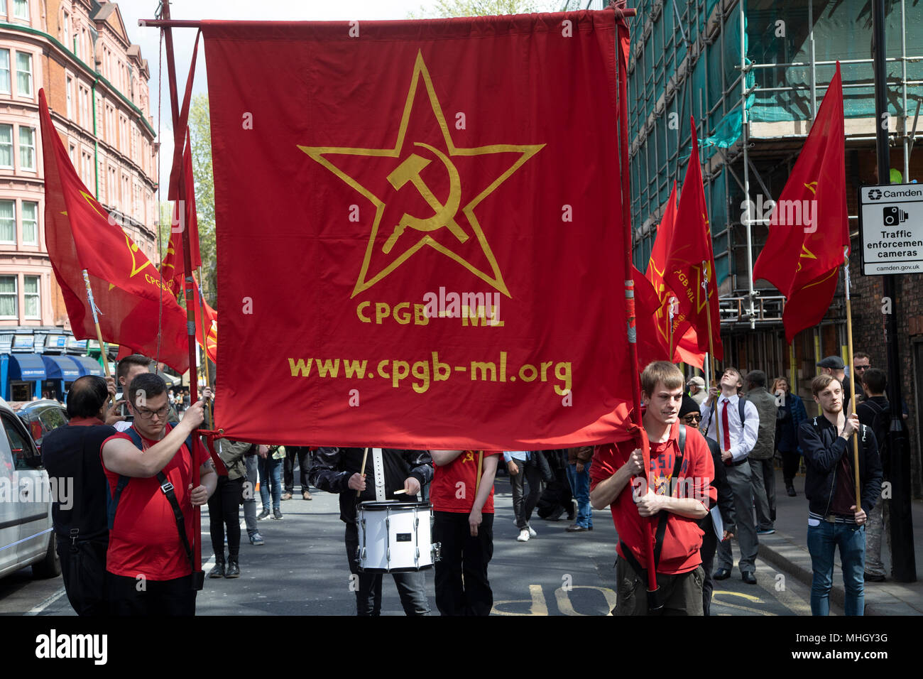 London, UK. 1st May, 2018. Communist Party of Great Britain during May Day celebrations in London, England, United Kingdom. Demonstration by unions and other organisations of workers to mark the annual May Day or Labour Day. Groups from all nationalities from around the World, living in London gathered to march to a rally in central London to mark the global workers day. Credit: Michael Kemp/Alamy Live News Stock Photo