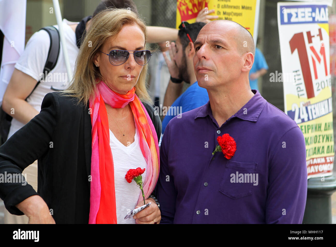 May 1, 2018 - Athens, Greece - Former Greek Finance Minister YANIS  VAROUFAKIS with his wife DANAE STRATOU take part with his party Diem 25 in  a MAY DAY rally in central