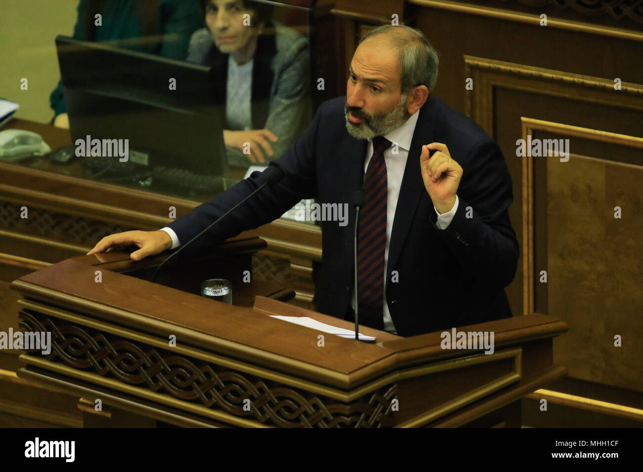 Yerevan, Armenia. 1st May, 2018. Nikol Pashinyan delivers a speech at a