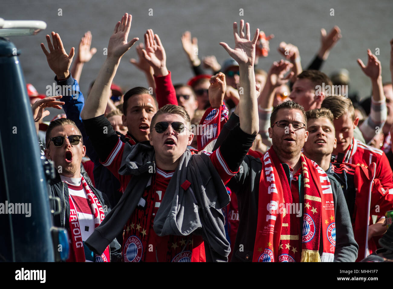 Madrid, Spain. 1st May, 2018. Bayern Munich fans in Santiago Bernabeu Stadium ahead of Champions League match against Real Madrid, in Madrid, Spain. Credit: Marcos del Mazo/Alamy Live News Stock Photo