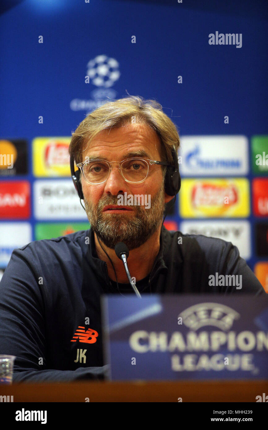 Rome, Italy. 1st May, 2018. Jurgen Klopp during the press conference before the Uefa Champions League match AS Roma vs Liverpool in olympic stadium in Rome. Credit: marco iacobucci/Alamy Live News Stock Photo