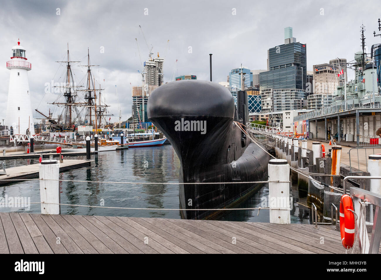 Views of a naval submarine moored at Darling Harbour in Sydney New South Wales, Australia. Stock Photo