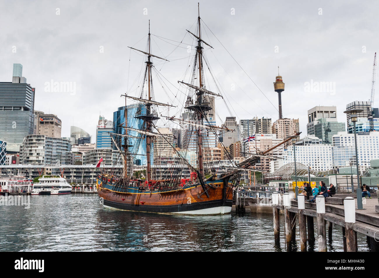 Views of the stunning traditional tall sailing ship moored in Darling Harbour in Sydney New