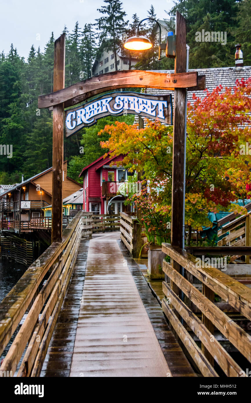 Ketchikan town in Alaska. Old wooden houses and shops on creek street