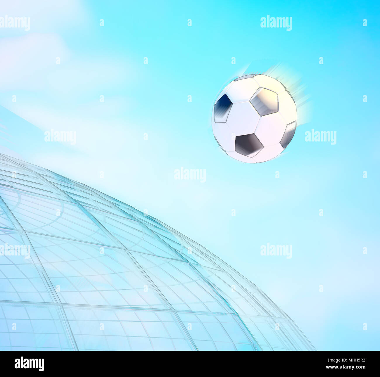 Concept or conceptual 3D soccer ball in with a blue sky background