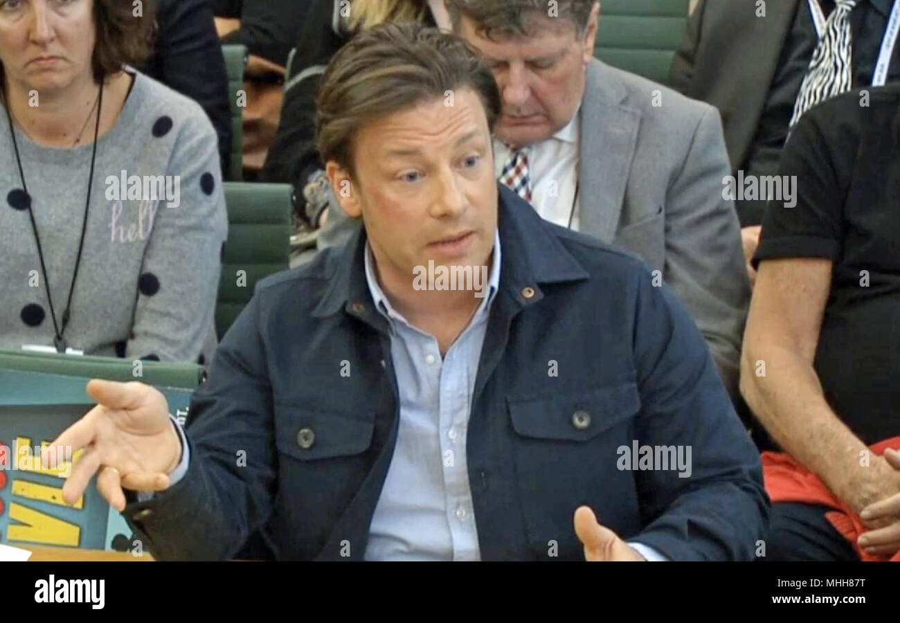 Jamie Oliver gives evidence to the Health and Social Care Committee about child obesity at Portcullis House in Westminster, London. Stock Photo