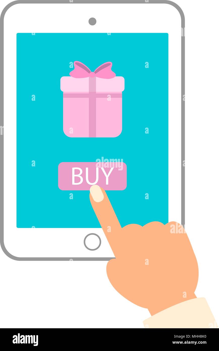E commerce flat vector illustration. Man push buy button on tablet pc to purchase gift. Stock Vector