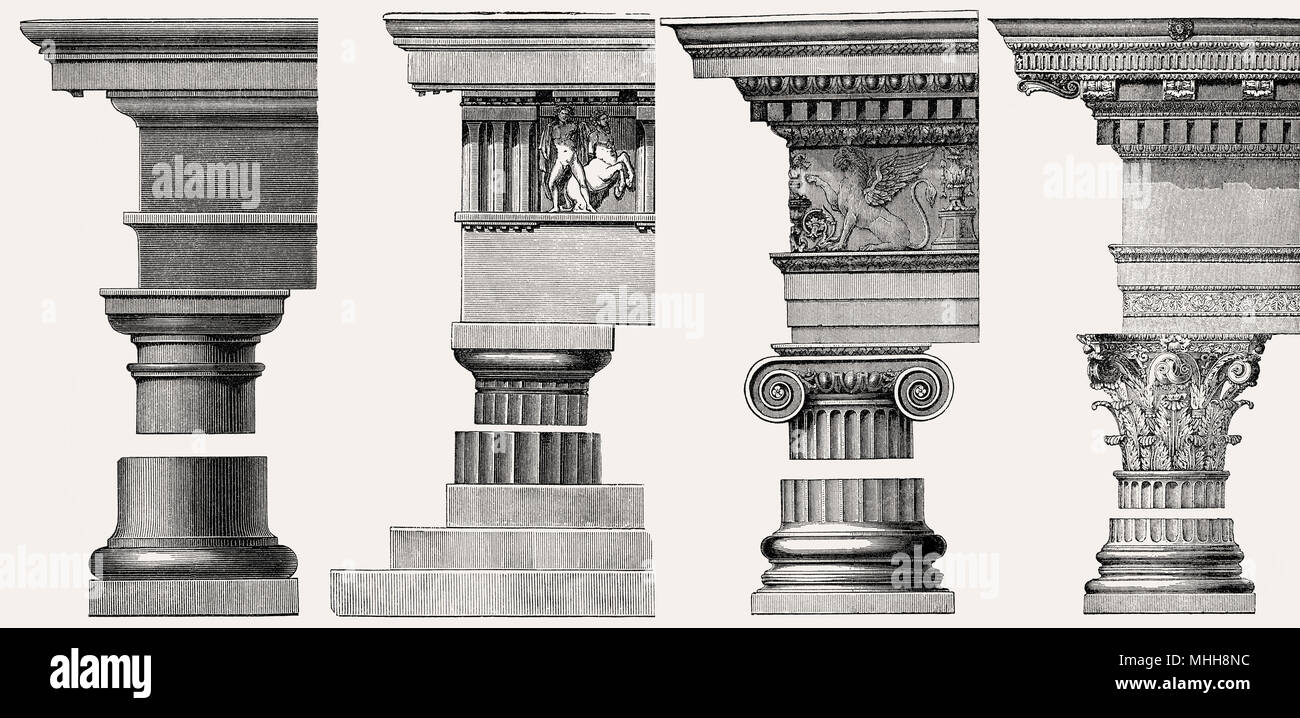 Several ancient capitals, Tuscan, Doric, Ionic and Corinthian order Stock Photo