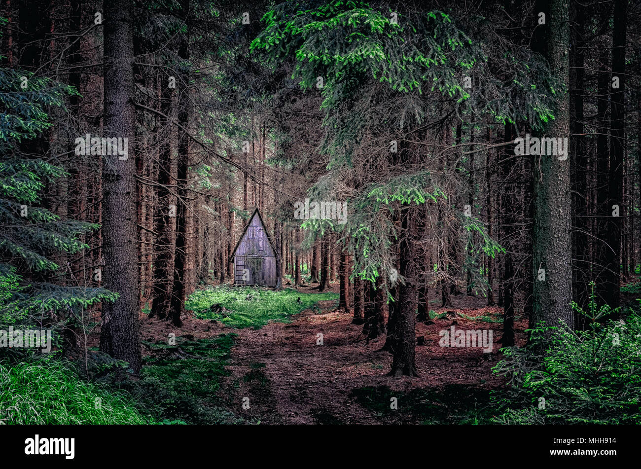 Dramatic Dark Landscape View Of Wooden Cabin In The Woods Stock