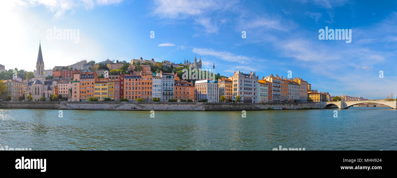 Panoramic view of Lyon skyline during a sunny day, Lyon, France Stock