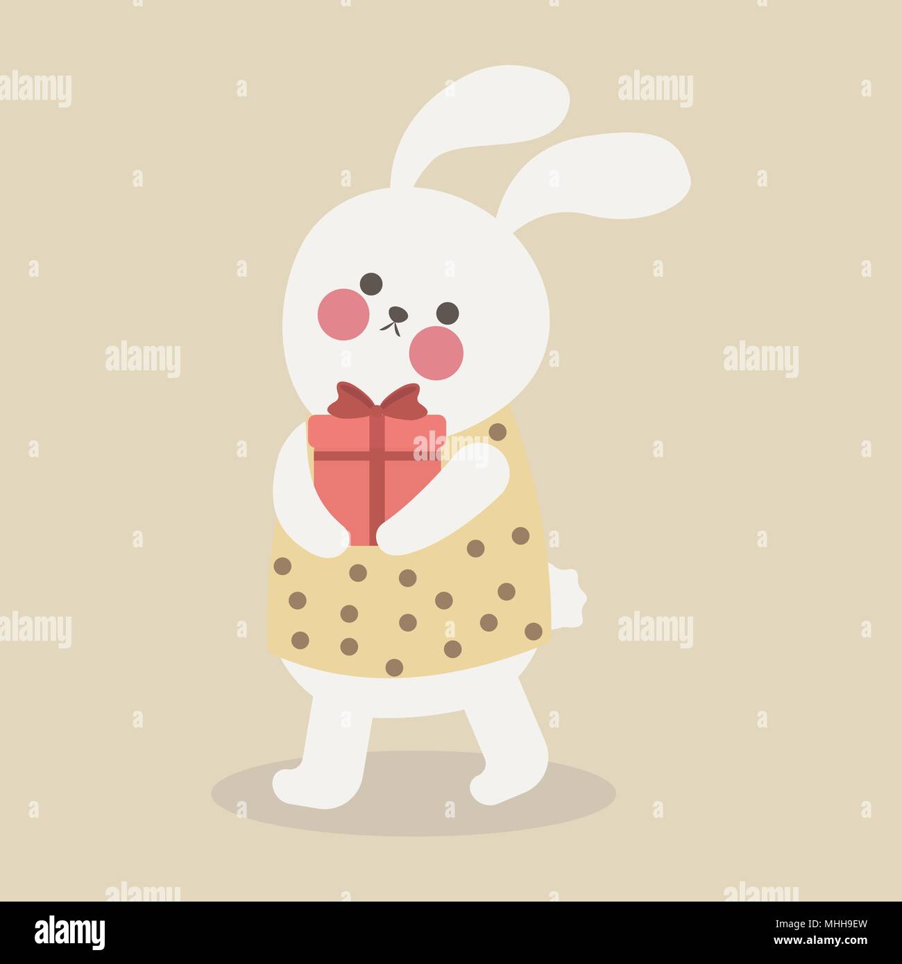 Cartoon trendy style cute bunny mascot with red gift box icon. Vector ...