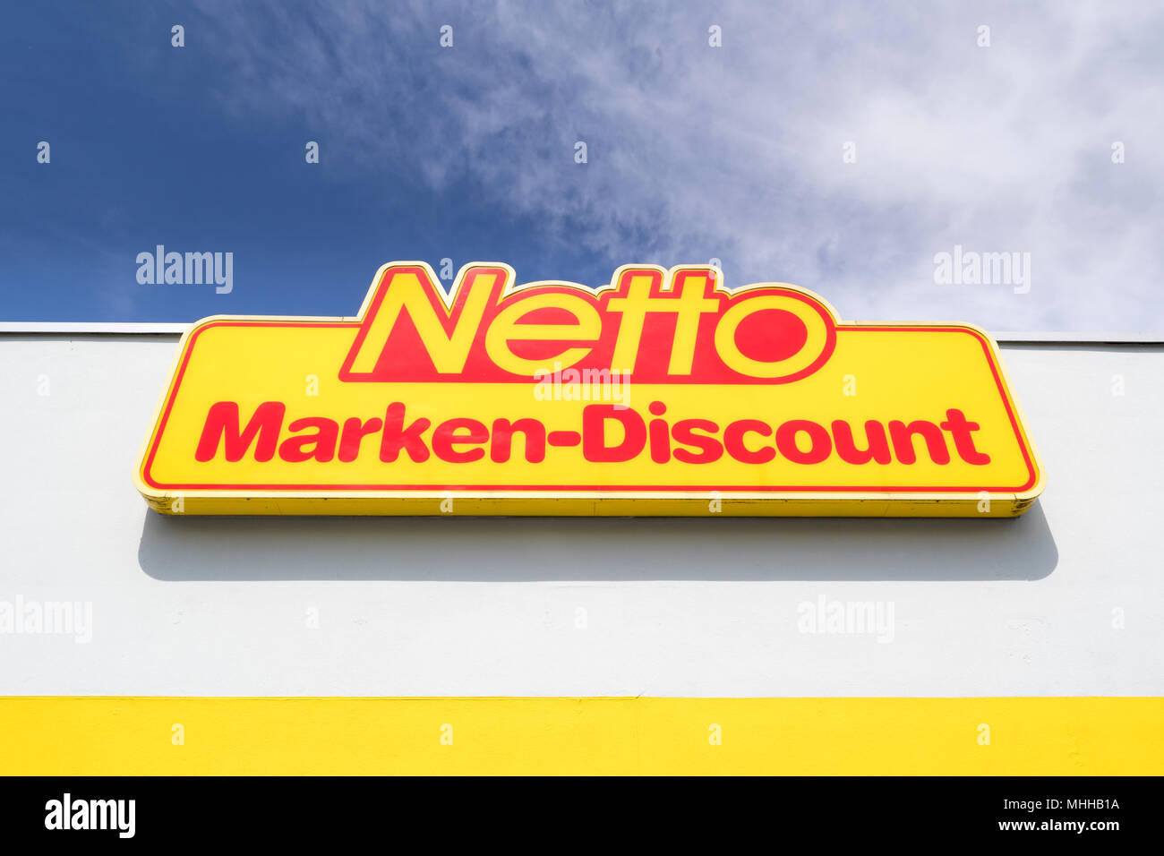 Netto Marken-Discount sign at branch. Netto is a German discount supermarket chain owned by Edeka Group. Stock Photo
