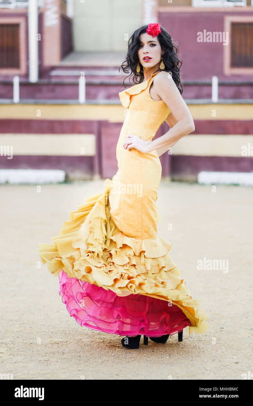 Portrait of a pretty woman, model of fashion, wearing a dress in a  bullring. Spanish style Stock Photo - Alamy