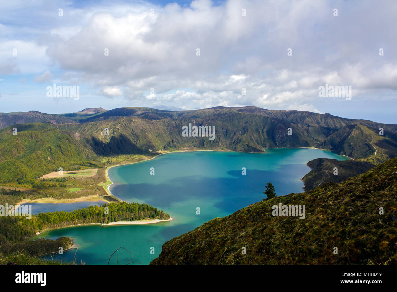 Stunning landscape with lagoon in volcanic crater in volcanic Island. Lagoa do fogo, Azores Stock Photo